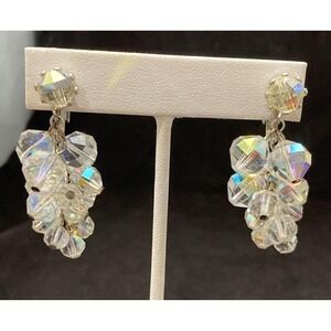 Vintage LAGUNA Signed AB Clear Bead Dangle Drop Clip-on Earrings 1.5'' Retro
